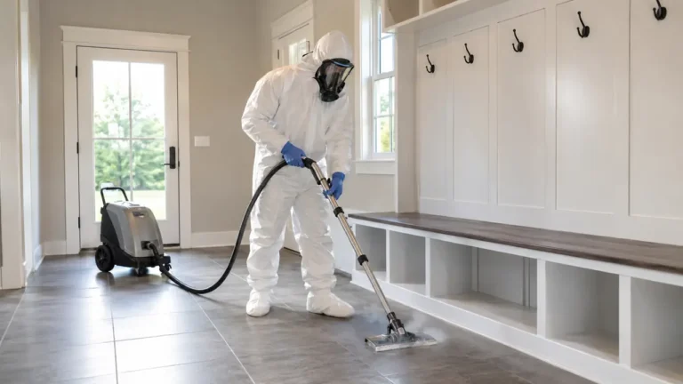 PPE technician cleaning a residential mudroom floor in Brentwood, Tennessee