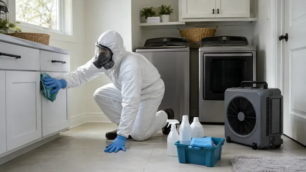PPE technician disinfecting a residential utility room in Goodlettsville, Tennessee
