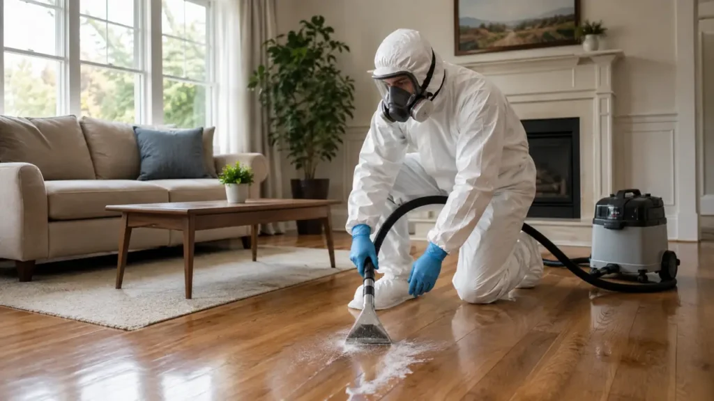Single PPE technician cleaning a living room floor in Greenbrier, Tennessee