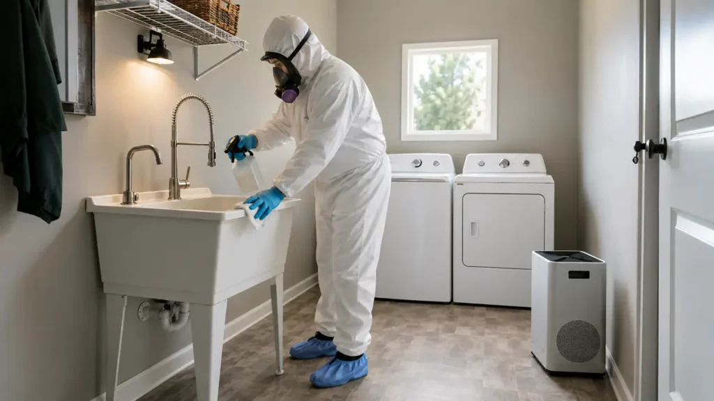 PPE technician disinfecting a Hartsville, Tennessee residential laundry room