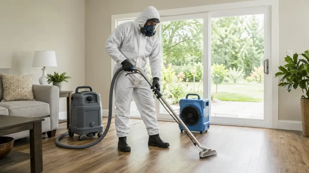 PPE technician cleaning a residential den floor in Hendersonville, Tennessee