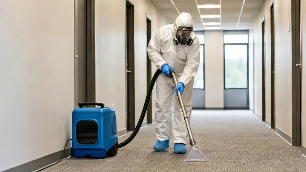 PPE technician cleaning an apartment corridor in Hermitage, Tennessee
