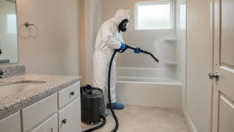 PPE technician disinfecting residential bathroom tile in La Vergne, Tennessee