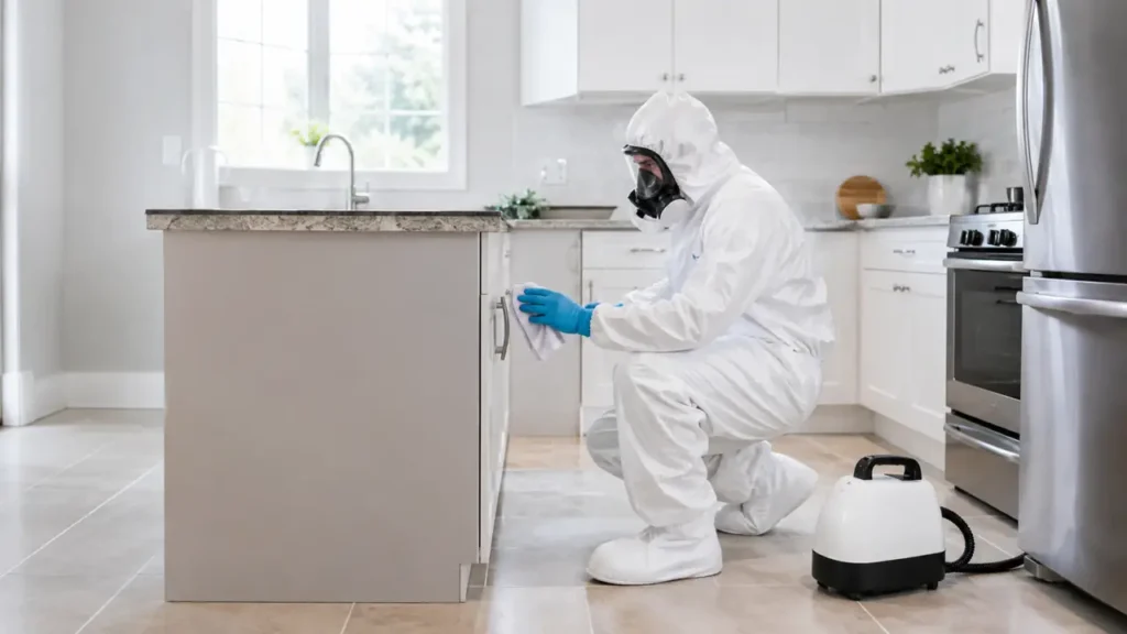 PPE technician disinfecting residential kitchen surfaces in Millersville, Tennessee
