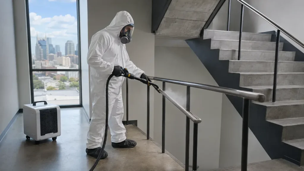 PPE technician disinfecting a commercial stairwell in Nashville, Tennessee