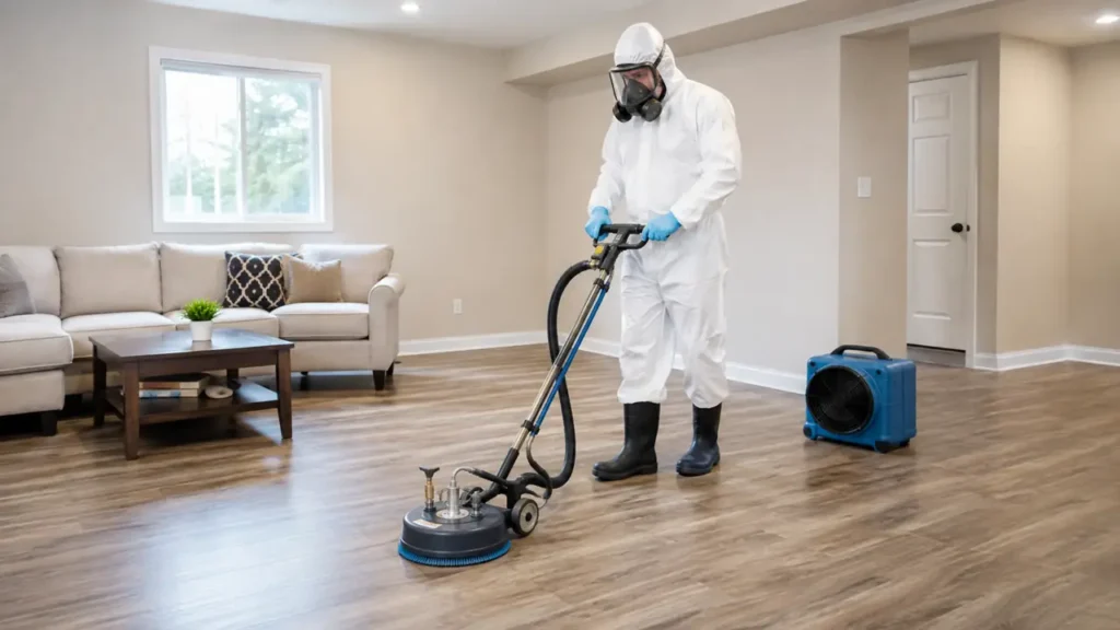 PPE technician cleaning a finished residential basement in Smyrna, Tennessee