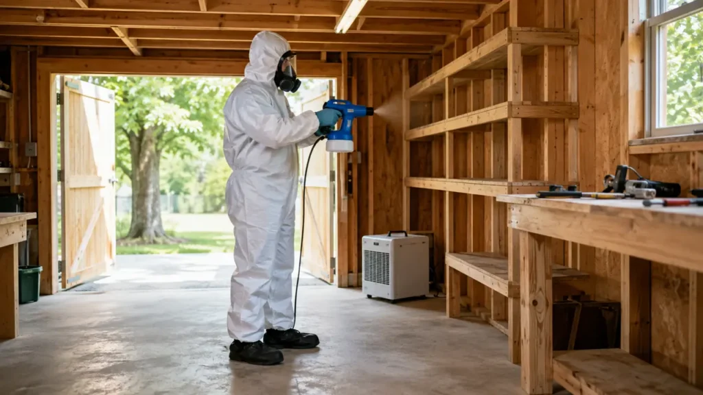 PPE technician disinfecting a residential workshop in Springfield, Tennessee
