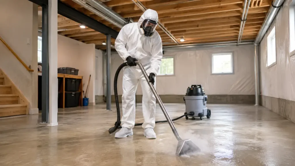 PPE technician cleaning a residential basement floor in White House, Tennessee