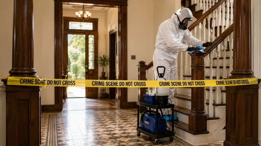 PPE technician providing crime scene cleanup inside a Franklin, Tennessee home
