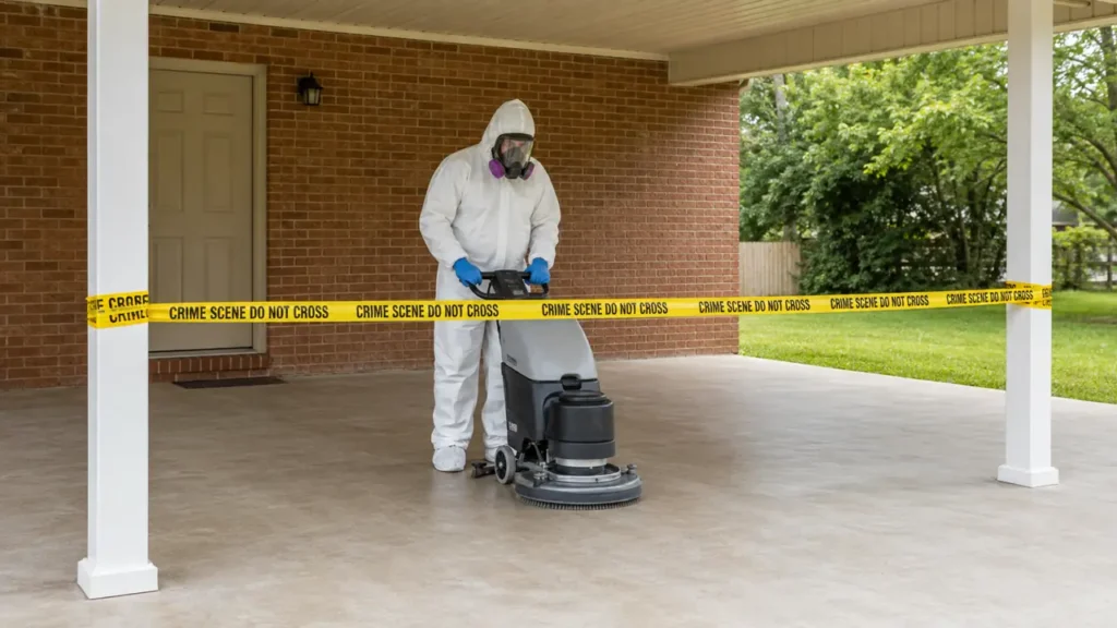 PPE technician performing crime scene cleanup beneath a Gallatin, Tennessee carport