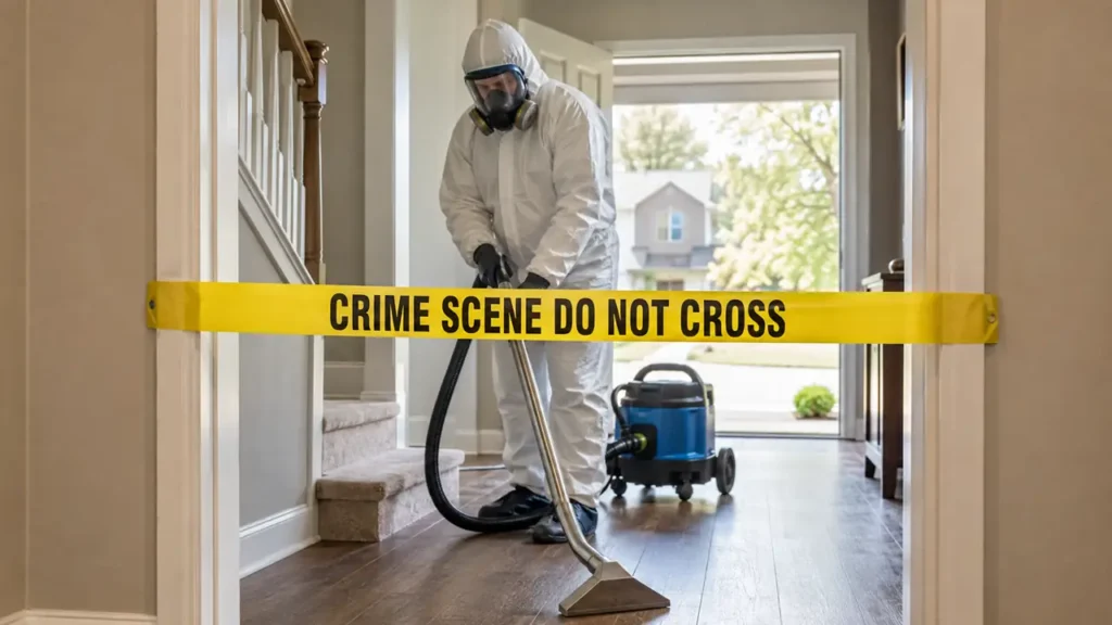 PPE technician performing professional crime scene cleanup inside a Goodlettsville, TN home