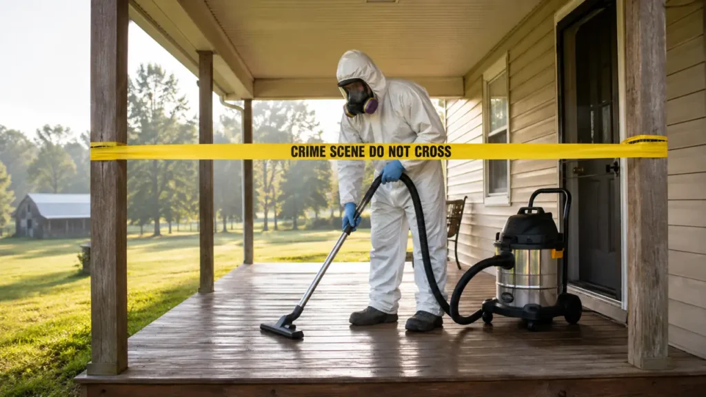 PPE technician performing crime scene cleanup on a Hartsville, Tennessee home porch