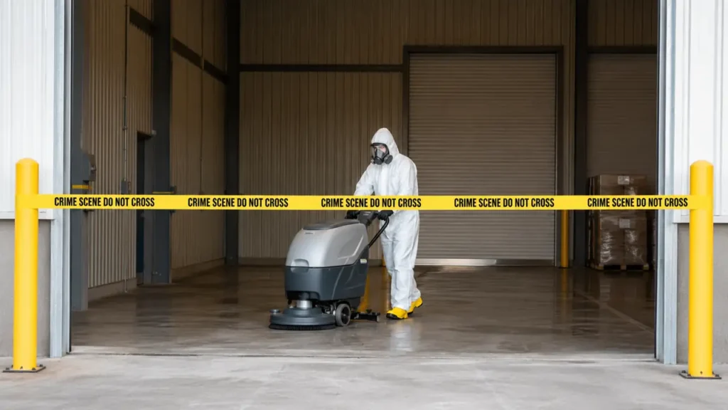 PPE technician cleaning an industrial floor during crime scene cleanup in La Vergne, TN
