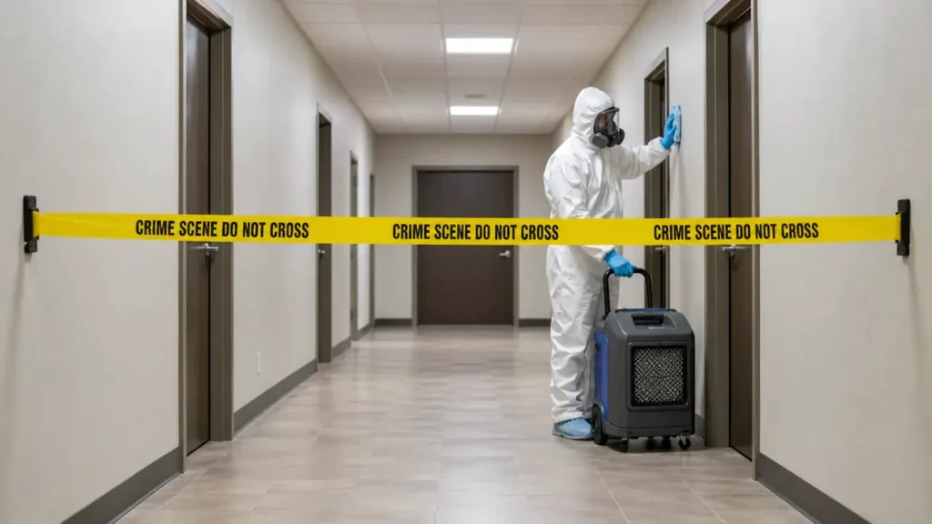 PPE technician cleaning a commercial corridor during crime scene cleanup in Lebanon, TN