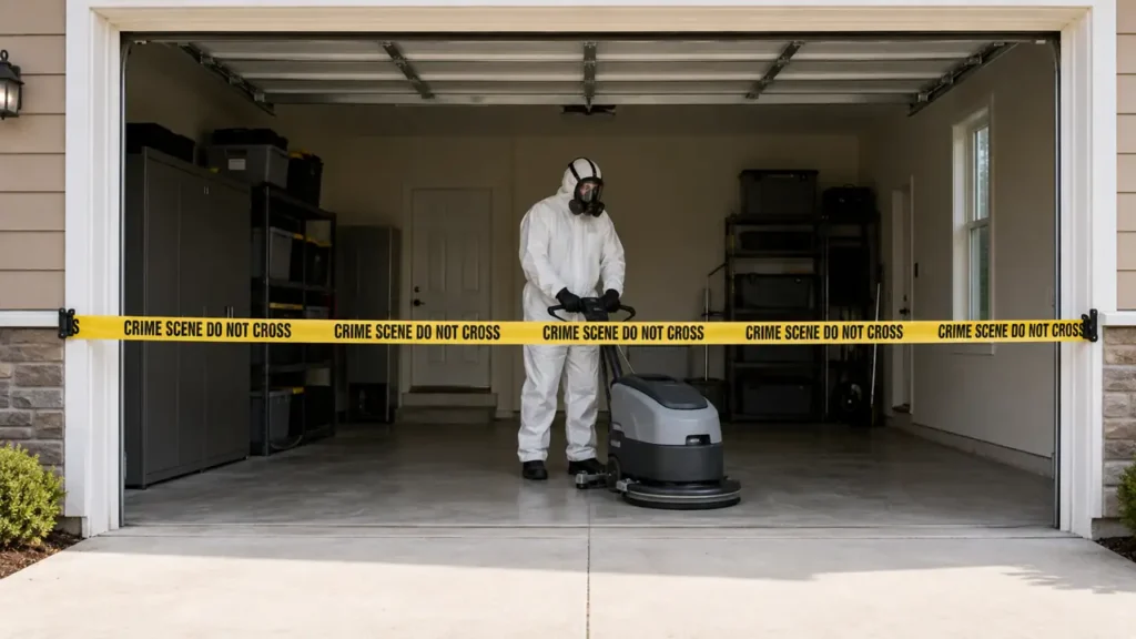 PPE technician performing crime scene cleanup in a Mt. Juliet, Tennessee garage