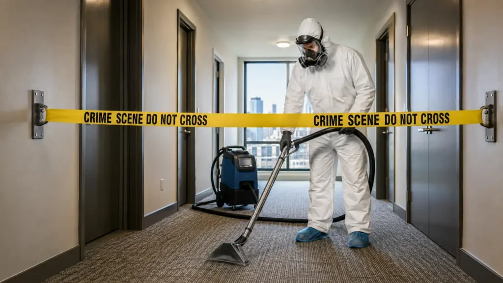 PPE technician performing crime scene cleanup in a Nashville apartment corridor