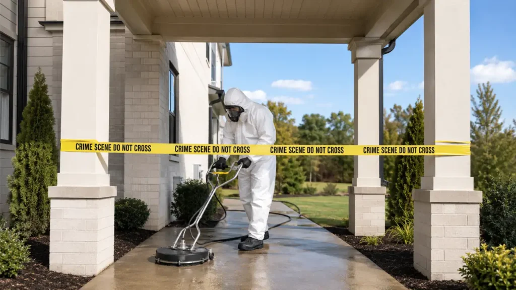 PPE technician performing crime scene cleanup at a Nolensville, Tennessee home
