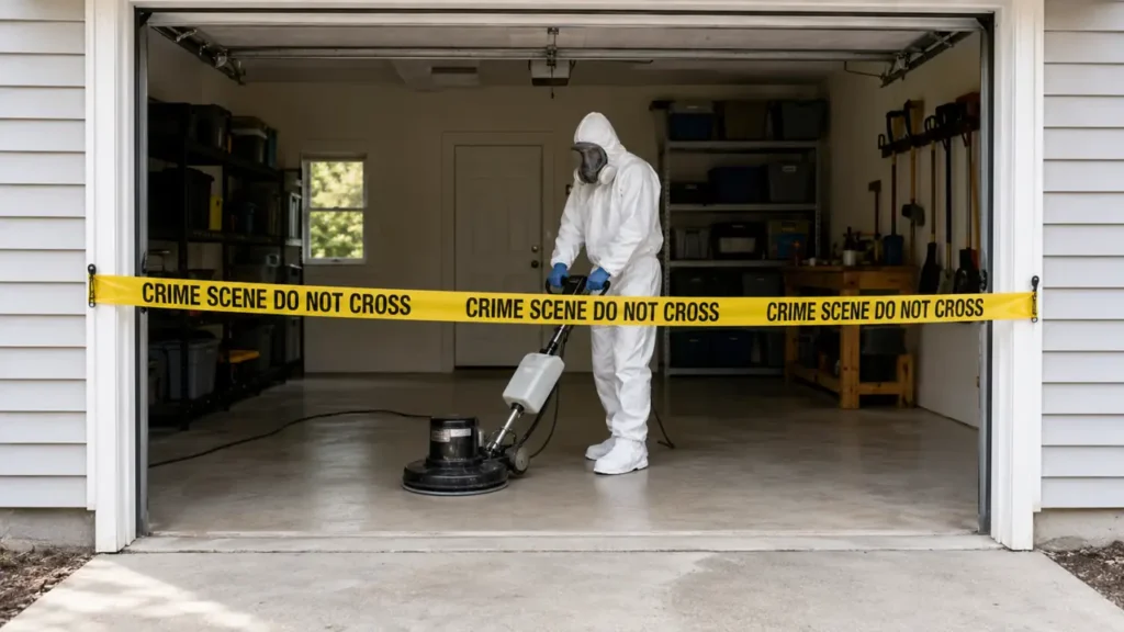 PPE technician completing crime scene cleanup inside a Portland, TN residential garage