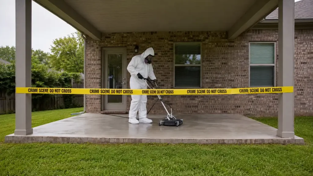 PPE technician performing crime scene cleanup on a Springfield, TN residential patio