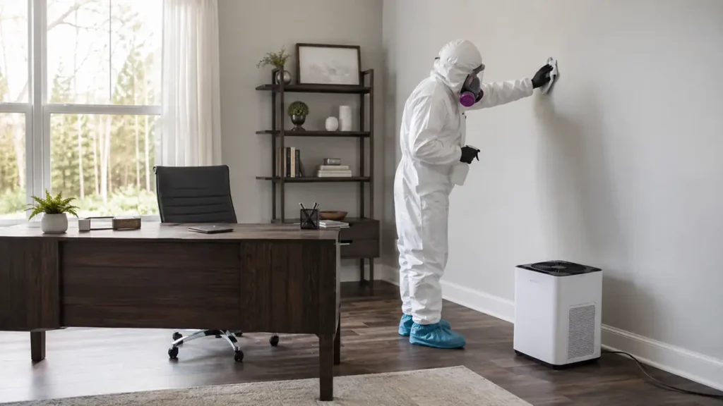 PPE technician providing respectful suicide cleanup in a Brentwood, Tennessee home office