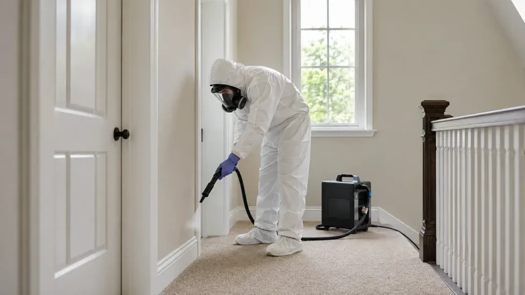 PPE technician providing discreet suicide cleanup on a Hendersonville home landing