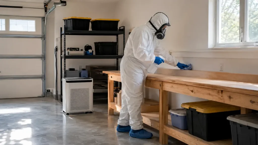 PPE technician providing discreet suicide cleanup in a Hermitage, Tennessee garage