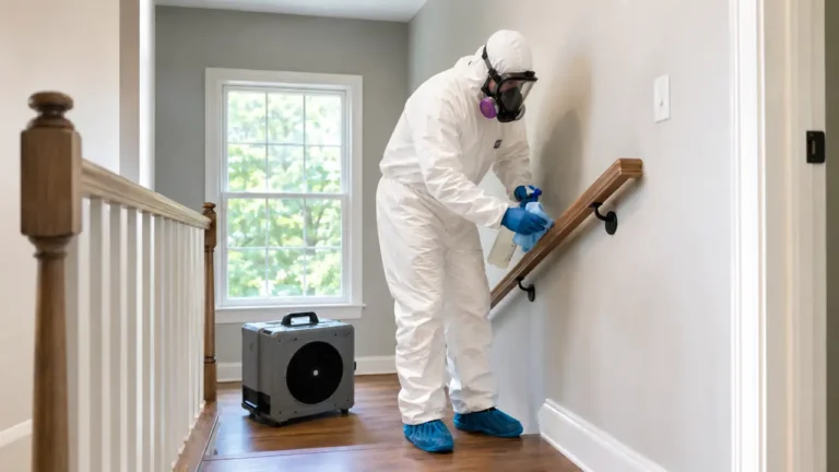 PPE technician providing discreet suicide cleanup near a Millersville home staircase