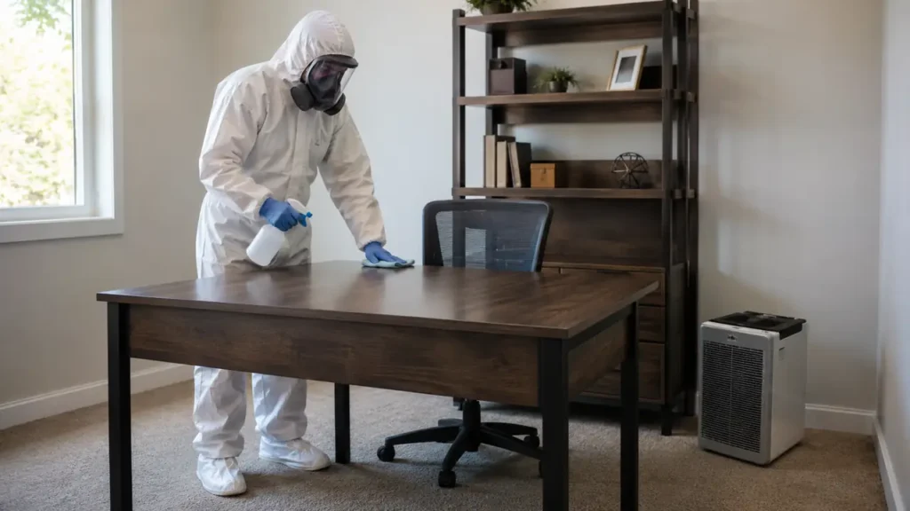 PPE technician providing respectful suicide cleanup in a Portland, Tennessee home office