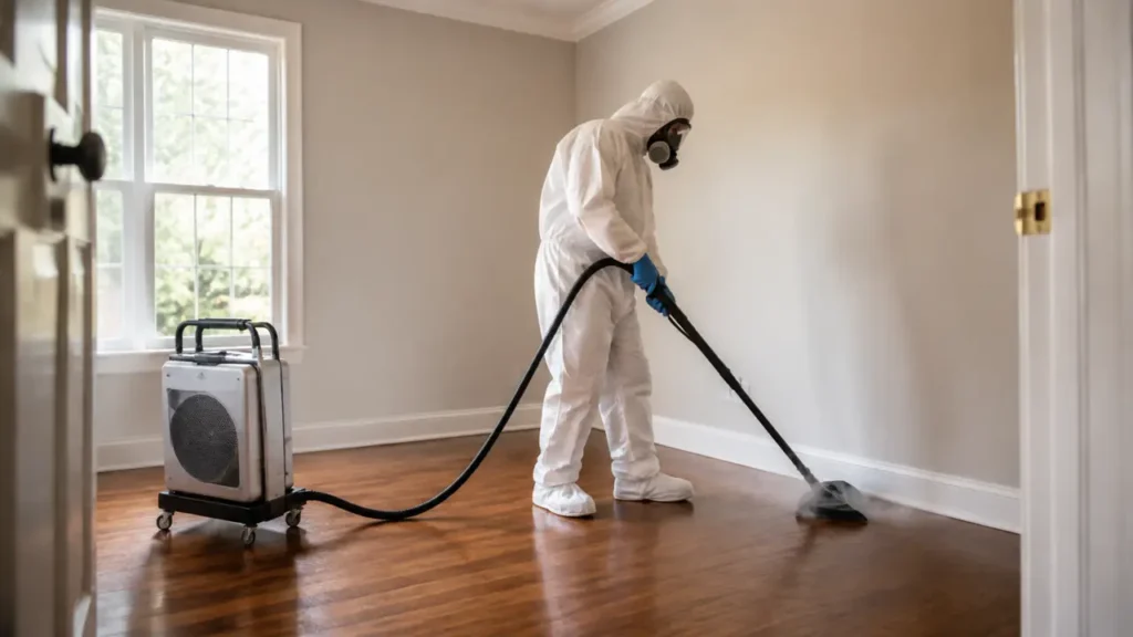 PPE technician performing discreet unattended death cleanup in a Franklin, TN bedroom