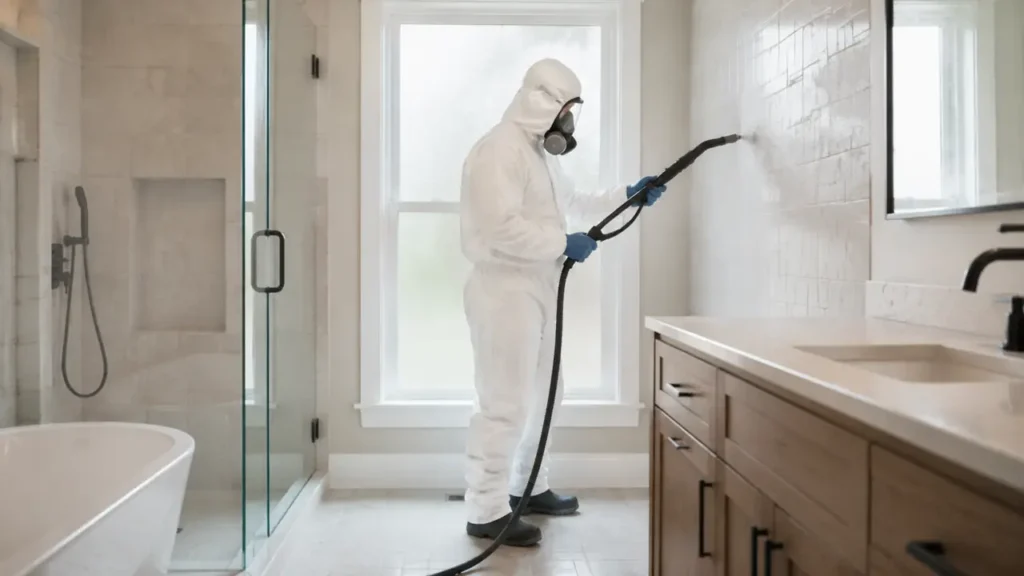 PPE technician disinfecting bathroom tile during cleanup in Greenbrier, Tennessee