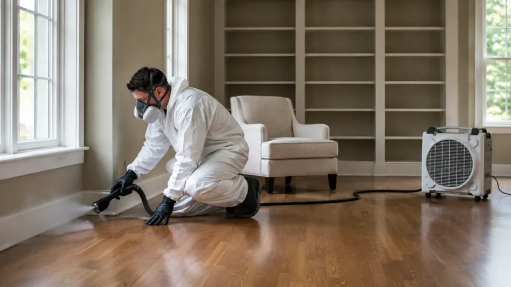 PPE technician completing discreet room cleanup in a Mt. Juliet, TN home